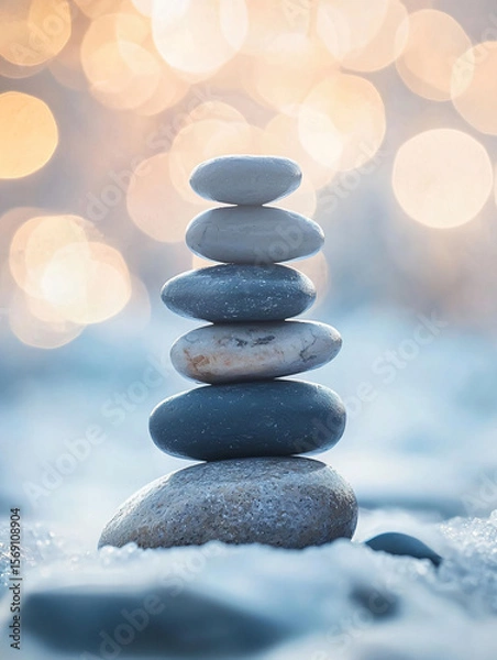 Fototapeta Balanced Stone Tower on Snowy Surface with Soft Blurred Background