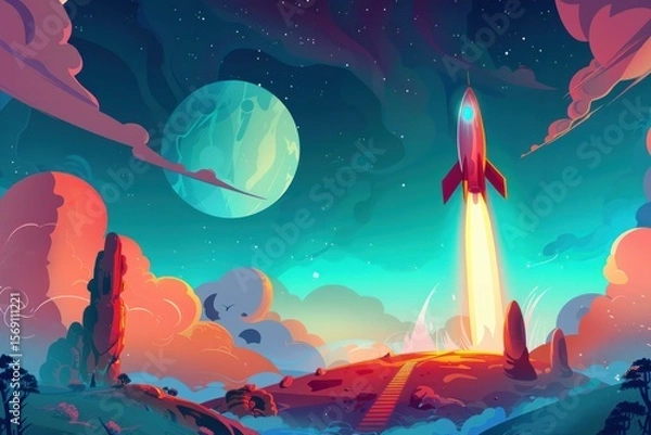 Fototapeta Cartoon spaceship taking off from a colorful alien planet surface with a big planet in the background and nebula clouds
