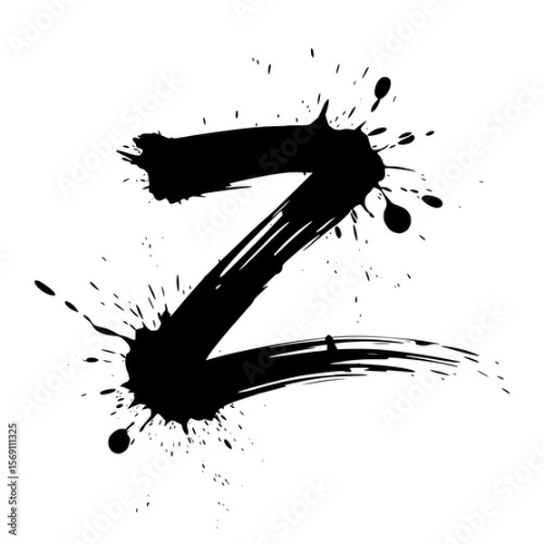 Fototapeta Lowercase letter z ink splatter brush art, Bold lowercase letter "z" painted in expressive black ink with dynamic splatter effects on white, perfect for modern typography and creative graphic design.
