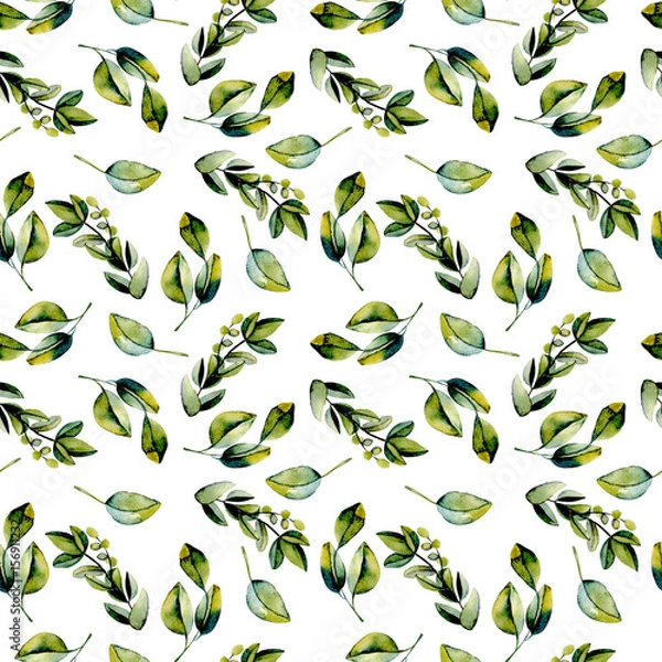 Fototapeta Seamless floral pattern with watercolor green laurel branches, hand drawn isolated on a white background