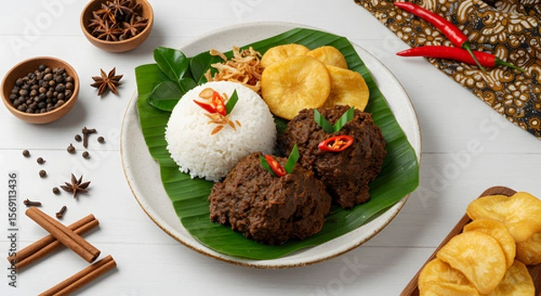 Fototapeta Indonesian Rendang Aromatic Beef Stew with Rice and Crispy Crackers