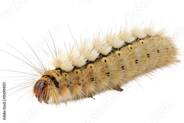 Obraz A close-up of a hairy caterpillar with a white and brown body. The caterpillar has distinct black spots and long, fine hairs. It is isolated on a transparent background.