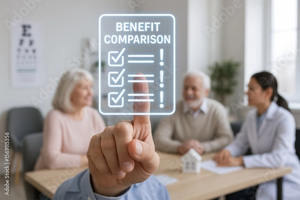 Fototapeta Benefit comparison retirement life insurance concept with elderly couple and advisor discussing future plans for secure life
