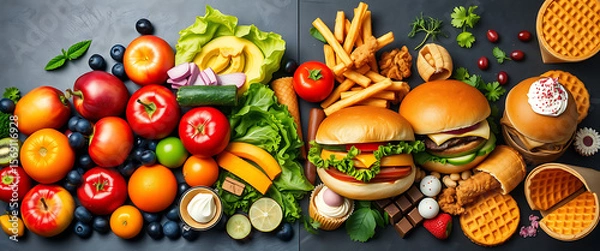 Fototapeta An assortment of fresh fruits, vegetables, and savory fast foods creates a vibrant visual, ideal for illustrating dietary choices, nutritional concepts, or healthy versus unhealthy food.