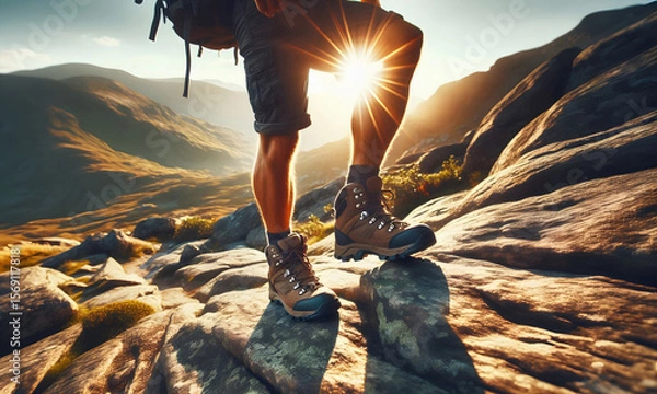 Obraz Ein Mann mit Wanderschuhen ist in den sonnigen Bergen auf einer Wandertour, copy space
