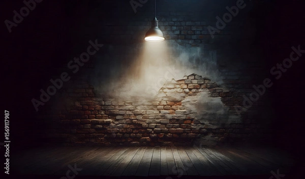 Obraz Raue, mysitsche Steinmauer bei Nacht mit Lichtspot, Wallpaper, copy space