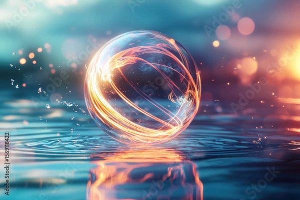 Fototapeta A giant soap bubble hovers over a reflective surface in a fantasy setting. Neon pinks and electric blues swirl across its surface, creating a captivating and dreamy visual experience.