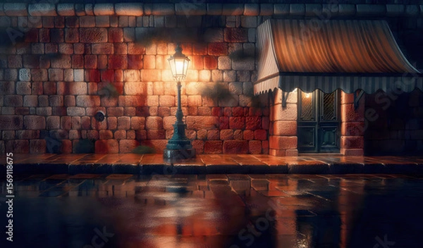 Obraz Alte, rote Backsteinwand in einem nächtlichen Hafen , mit Lichtquellen, alte Laterne , Regen und Reflektionen, copy space