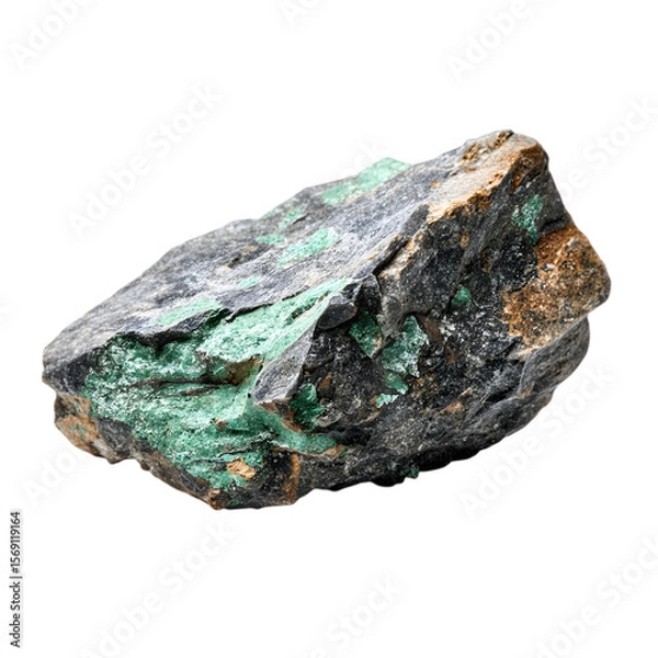 Fototapeta Uranium Rock specimen showcases vibrant green veins against a dark gray matrix, suitable for geological studies and educational resources, transparent background. Ai Generated Images