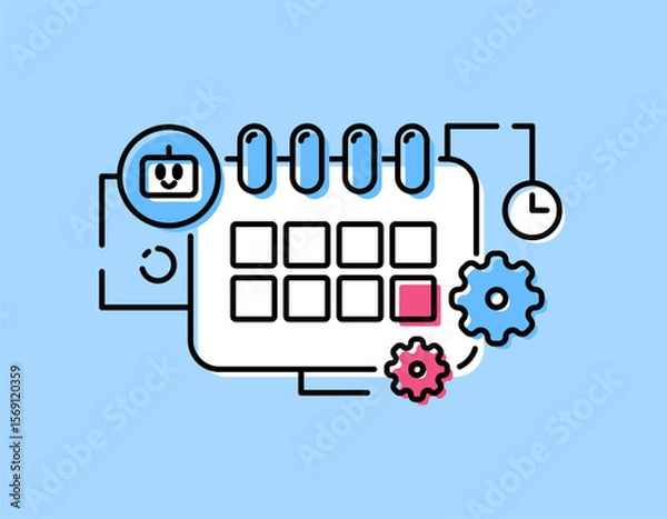 Fototapeta a concept of time management with AI. managing time and schedule with the help of artificial intelligence. services and technology. illustration of calendar, gears, and robot symbols. flat outline