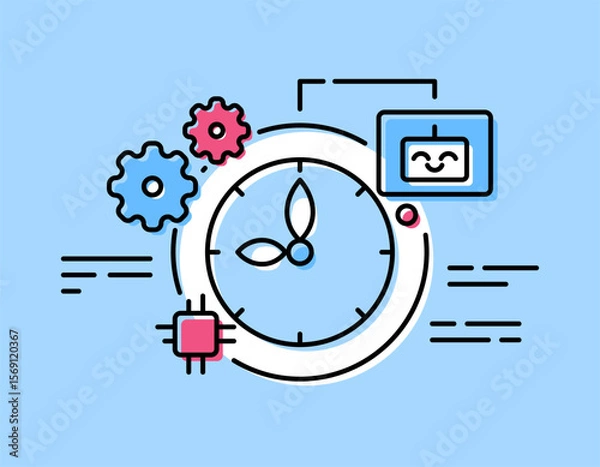 Fototapeta a concept of time management with AI. managing time and schedule with the help of artificial intelligence. services and technology. illustration of clock, gears and robot symbols. flat outline