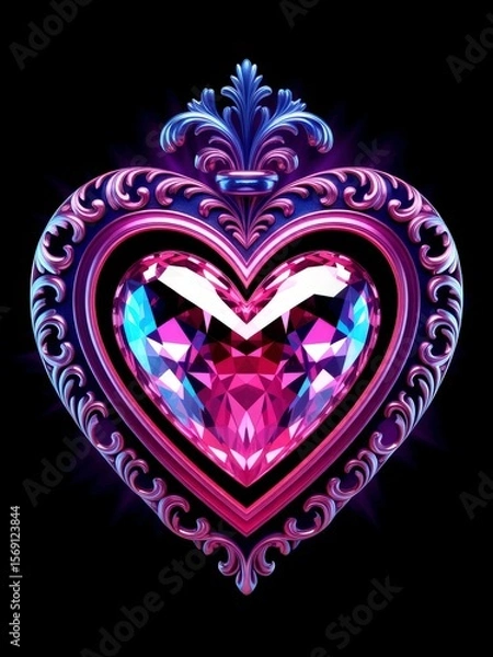 Fototapeta Elegant Heart Design Featuring Floral Details and Multicolored Gemstones