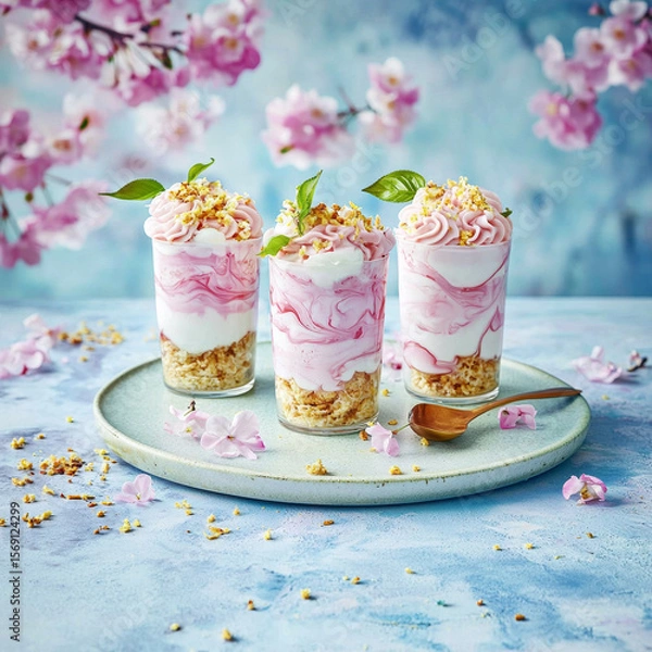Fototapeta Swirled pink dessert trifles with crunchy base, garnished with leaves