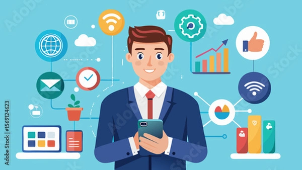 Fototapeta Vector art of man using phone with digital marketing and analytics icons