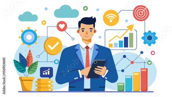 Fototapeta Vector art of a man with a smartphone is surrounded by business and technology icons