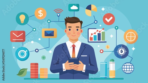 Fototapeta Vector art of a professional uses a smartphone amidst a web of digital business symbols