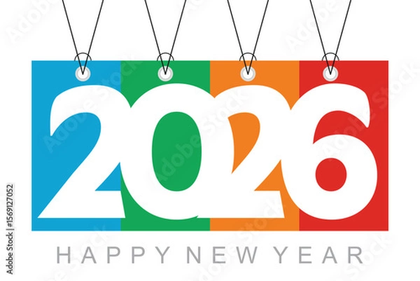 Fototapeta 2026 Happy New Year Vector – Hanging Tag Style Colorful Celebration Design