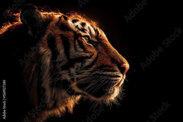 Fototapeta tiger burning on black background