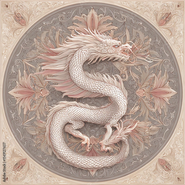 Fototapeta A white dragon with a long tail and a long neck