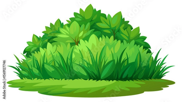 Fototapeta Vector art of a green leafy bush with grass isolated on white background