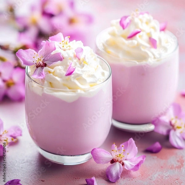 Fototapeta Lilac-colored drinks topped with whipped cream and delicate pink blossoms