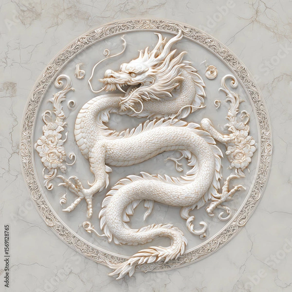 Fototapeta A white dragon is on a white background