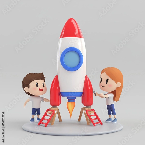 Fototapeta Kids build a rocket together, ready for launch
