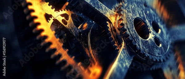 Fototapeta Intricate clockwork gears, glowing amber, metallic texture