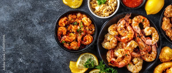 Fototapeta Grilled and Sauteed Shrimp Platter with Lemon and Dips
