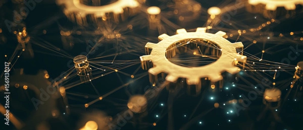 Fototapeta Golden gears interconnected by glowing network