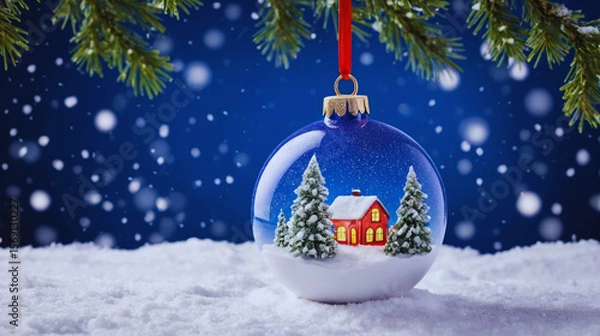 Obraz Peaceful winter scene featuring delicate snow falling over a shiny Christmas bauble placed in a snowy landscape. Surrounded by pine branches, soft snowdrifts, and a serene blue-white background