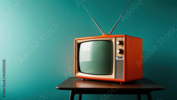 Fototapeta Retro orange TV. Vintage receiver on side table. Nostalgic, old-fashioned design.
