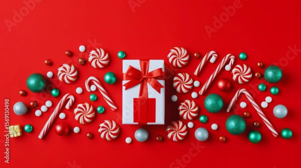 Obraz Vibrant Christmas-themed scene featuring wrapped gift boxes and festive candies such as candy canes and peppermint swirls, arranged over a bold red background with dynamic 3D shapes.
