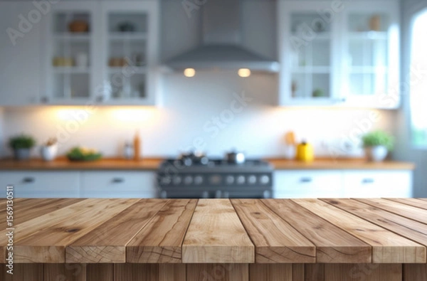 Fototapeta Blurry kitchen with wood top. Clean white bokeh. Interior design element.