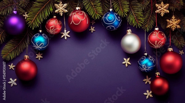 Obraz Festive Christmas background decorated with colorful Christmas bulbs, ornaments, and seasonal accessories such as pine cones, candy canes, stars, snowflakes, and evergreen branches. 