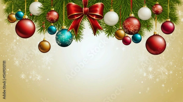 Obraz Festive Christmas background featuring shiny Christmas bulbs and a decorative bow, arranged elegantly on a vibrant seasonal backdrop. Includes glowing lights, sparkling accents, and rich holiday color