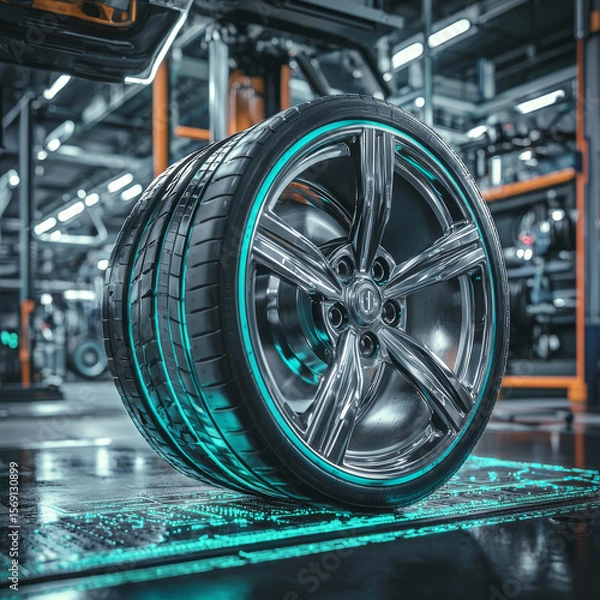 Fototapeta Futuristic tire and rim on digital surface