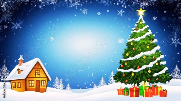 Obraz Magical Christmas card scene featuring delicate snowflakes drifting across a sparkling night sky, with a beautifully decorated Christmas tree surrounded by colorful wrapped gifts. 
