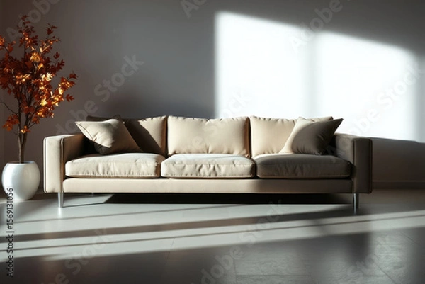 Fototapeta Close-up modern minimal sofa. Clean lines, simple design. Interior, furniture detail.