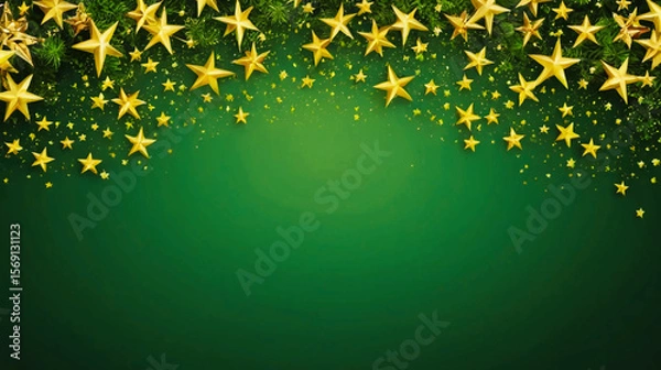 Obraz Elegant Christmas background featuring shiny gold stars falling gracefully over a rich green backdrop. Festive and luxurious vector design perfect for holiday greetings, Christmas cards