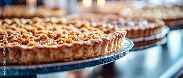 Fototapeta Crumble-topped pie on display,  golden crust, sweet treat