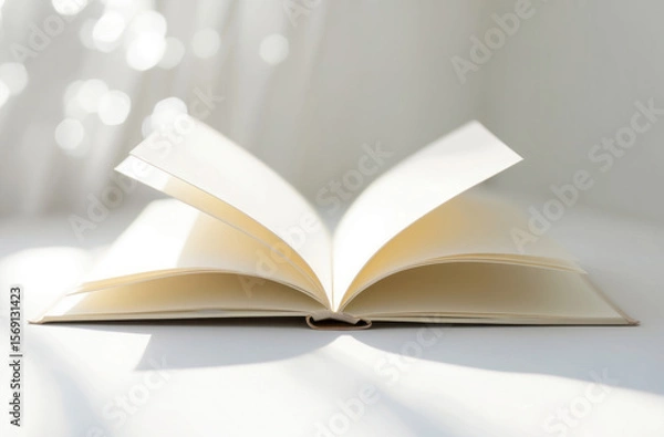 Fototapeta Empty book, white background. Shallow depth of field. Bokeh. Serene, contemplative, book-themed.