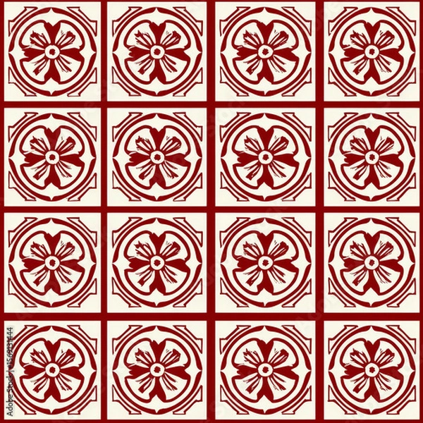 Fototapeta Crimson floral tile pattern: repeating geometric design with five-petal flowers