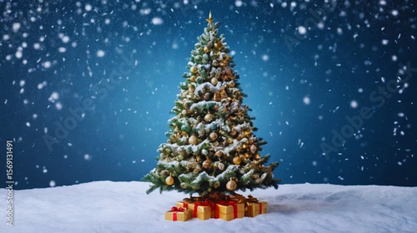 Obraz Beautiful decorated Christmas tree with glowing lights and ornaments, set against a snowy winter scene with snowflakes gently falling on a gradient blue background. Festive and magical holiday vector 