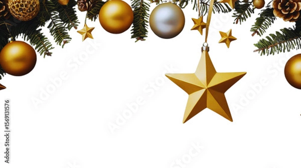 Obraz A shiny gold star ornament spinning above traditional Christmas decorations, including red baubles, pine branches, ribbons, and sparkling tinsel. Set against a clean white background