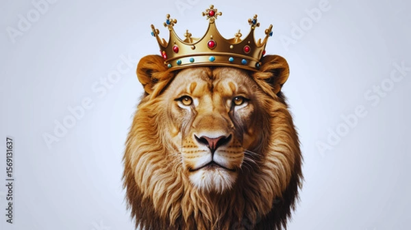 Obraz A powerful and majestic lion head wearing an ornate royal crown, facing forward with a proud and regal expression. The artwork is highly detailed, emphasizing the lion’s golden mane, intense eyes