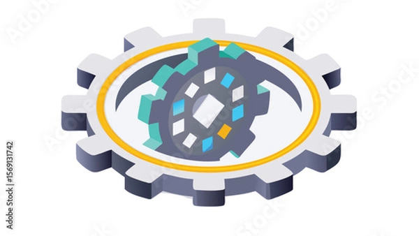 Fototapeta Illustration of two gears interlocked with a gold ring around the smaller gear inside the larger gear