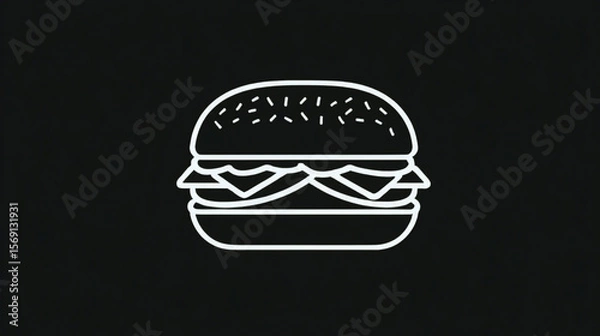 Obraz Minimal hamburger icon in linear outline style. Features bun, patty, lettuce, and cheese in a clean fast food symbol. Rendered in black line art on a black background with subtle lighting, glow