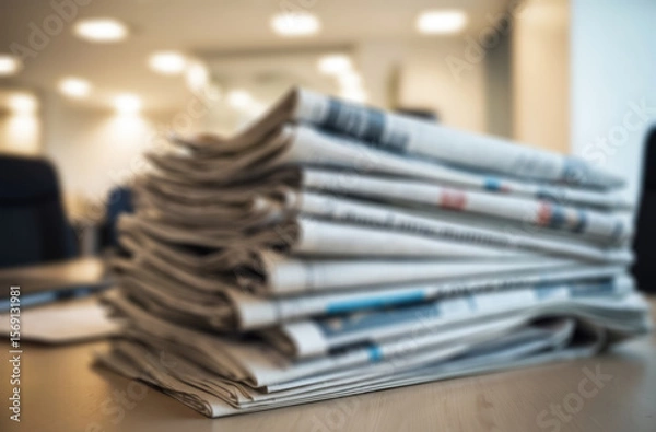 Fototapeta Newspapers pile, office table. Short depth of field. Focus on the paper.