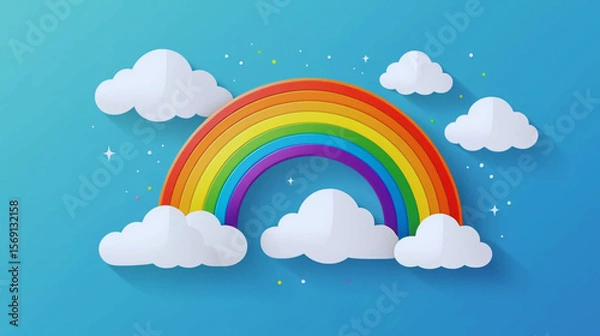 Obraz A colorful rainbow with soft white fluffy clouds icon, isolated on a clean background. Created in a smooth, modern flat vector illustration style. This cheerful and minimal design is perfect 
